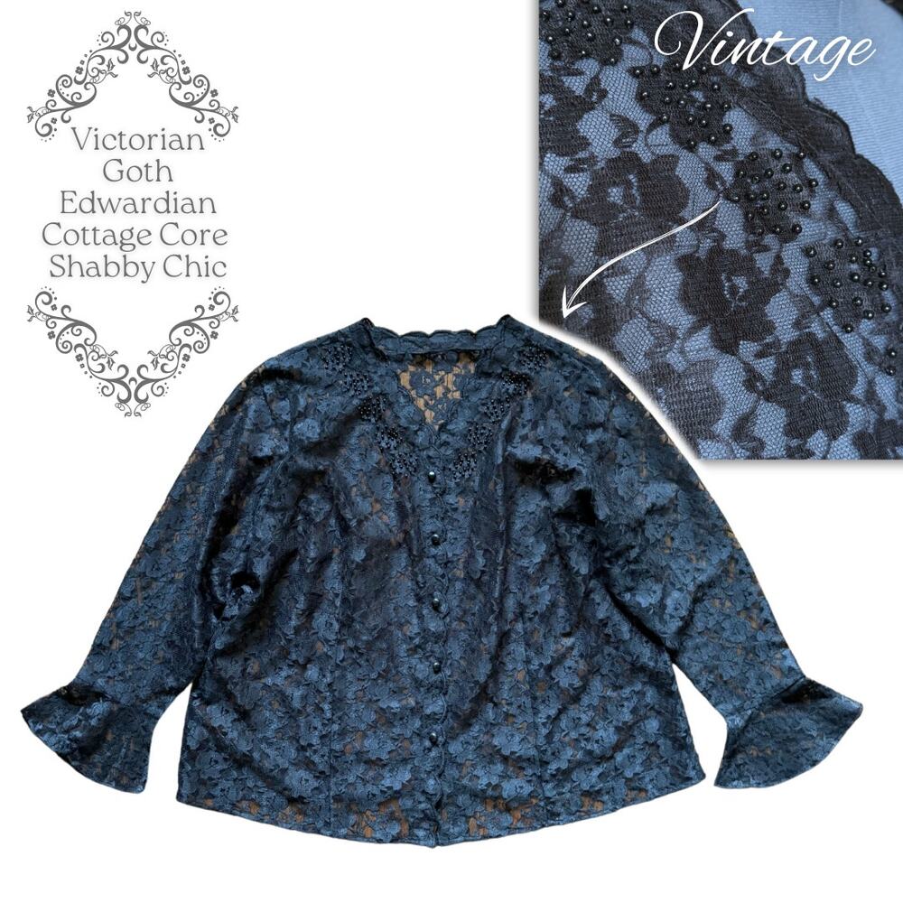 Vintage Black Lace Bead Top Plus Size VictorianGoth ShabbyChic Ephemera Cottage